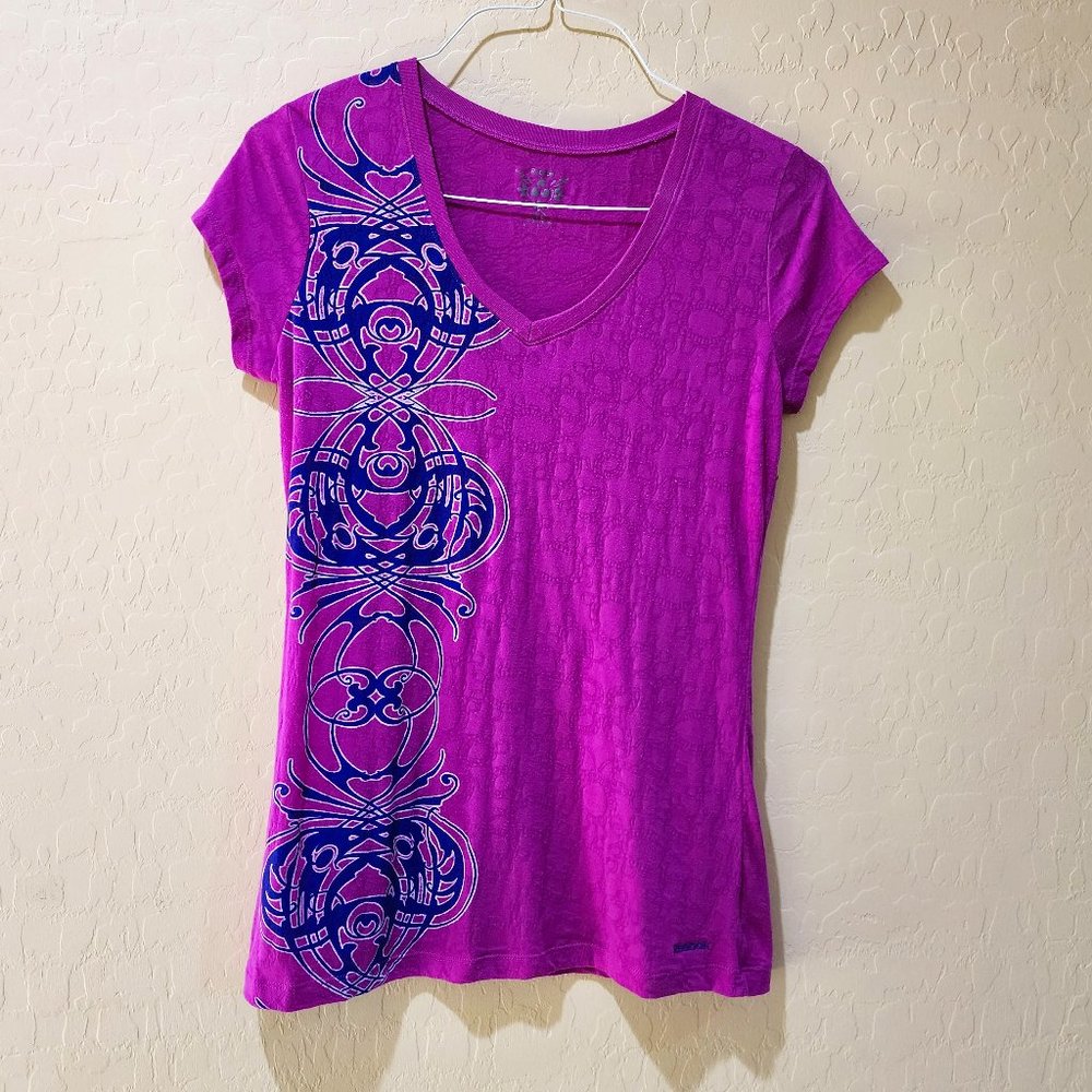 Reebok Purple Blue Graphic V Neck Short Sleeve Sheer Lace Shirt T-Shirt Top